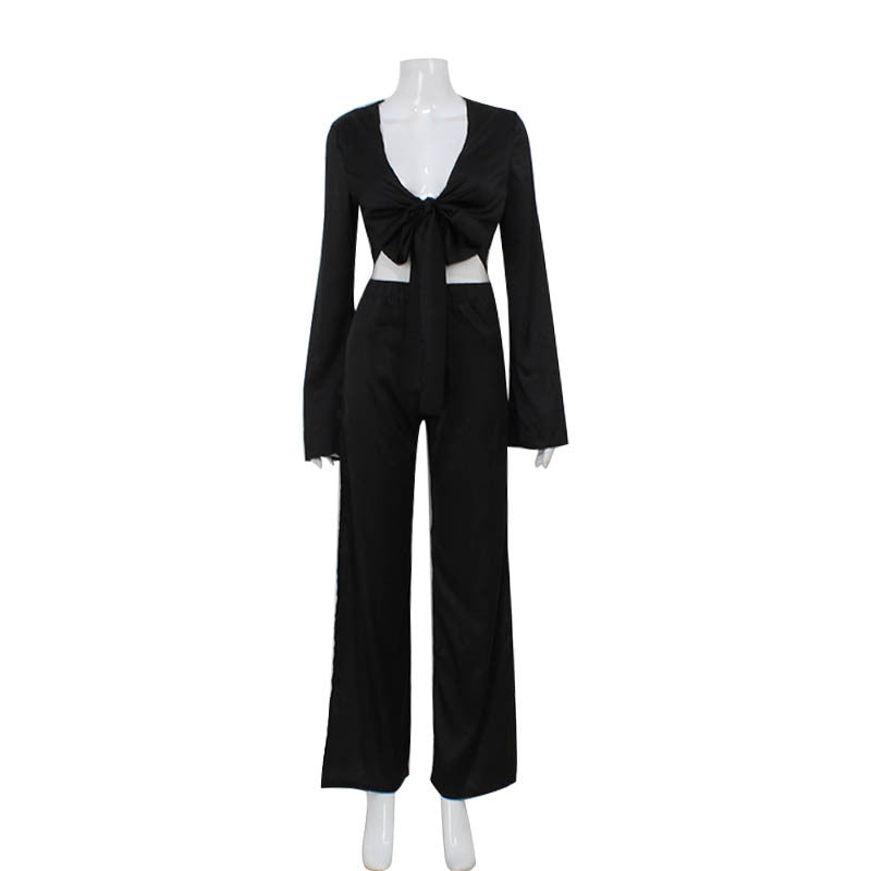 Womens Fashion Set Long-Sleeve Tie-Neck Top With Hollowed-Out Design And Slit-Edge Pants