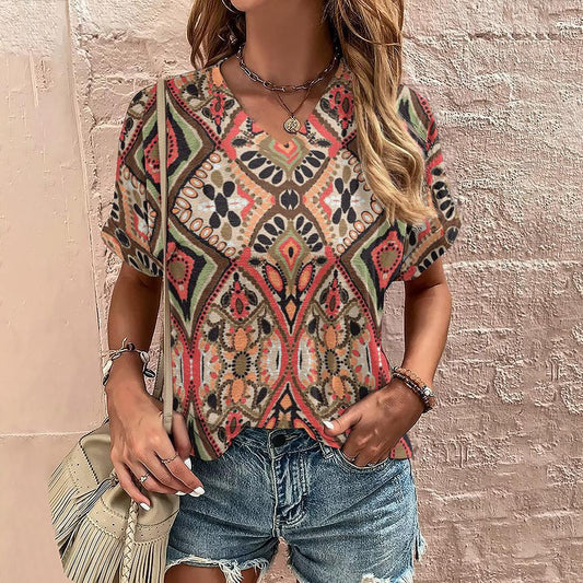 Women's Printed Short-sleeved Casual Top Street V-neck