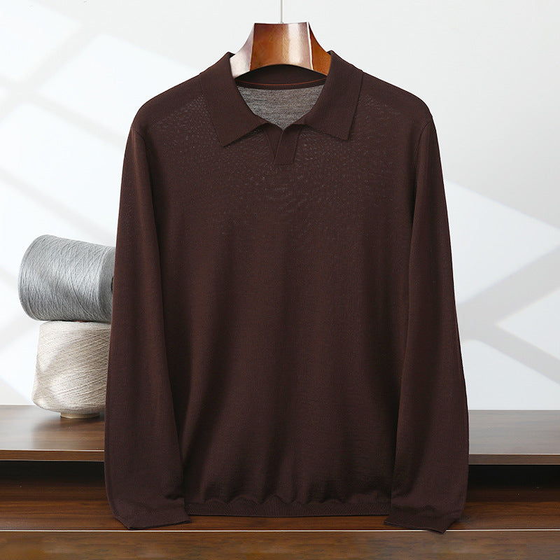 Men's Thin Worsted Pure Wool Sweater POLO Lapel Shirt