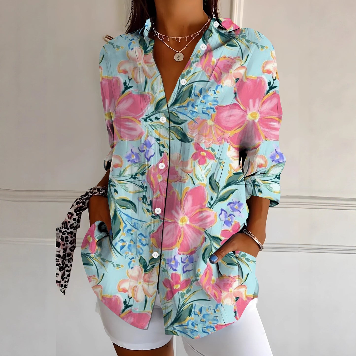 Womens Vibrant Colorful Floral-patterned Long-sleeve Shirt