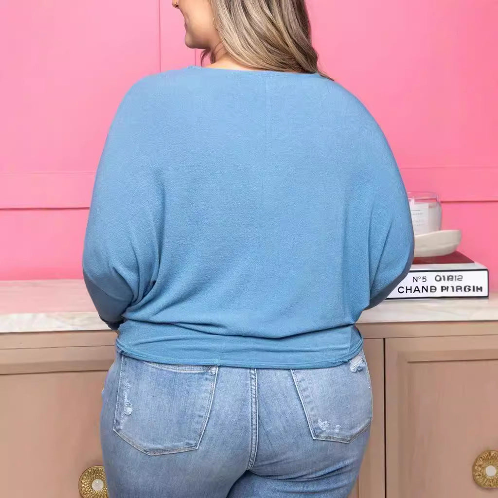 Plus Size Casual Ensfarvet Rundhalset Flagermusærme Høj Elastisk Sweater