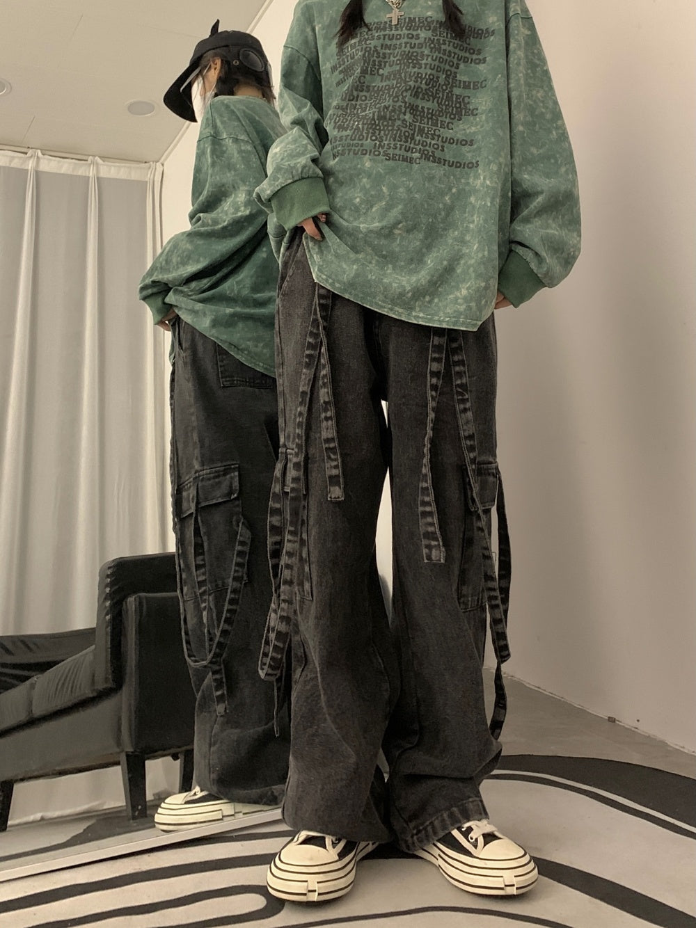 Retro Long Streamer Purple Overalls Straight-leg Trousers