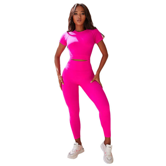 New Solid-color Athletic Yoga Short-sleeve Tight Two-piece Set