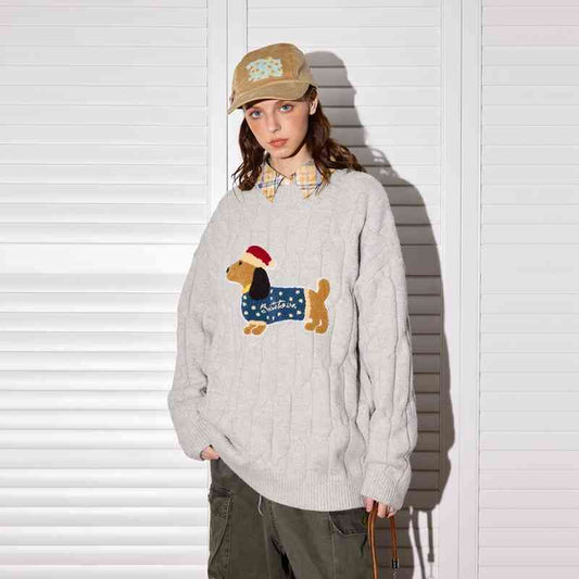 Sausage Puppy Embroidered Round Neck Sweater Women's Loose Sweater