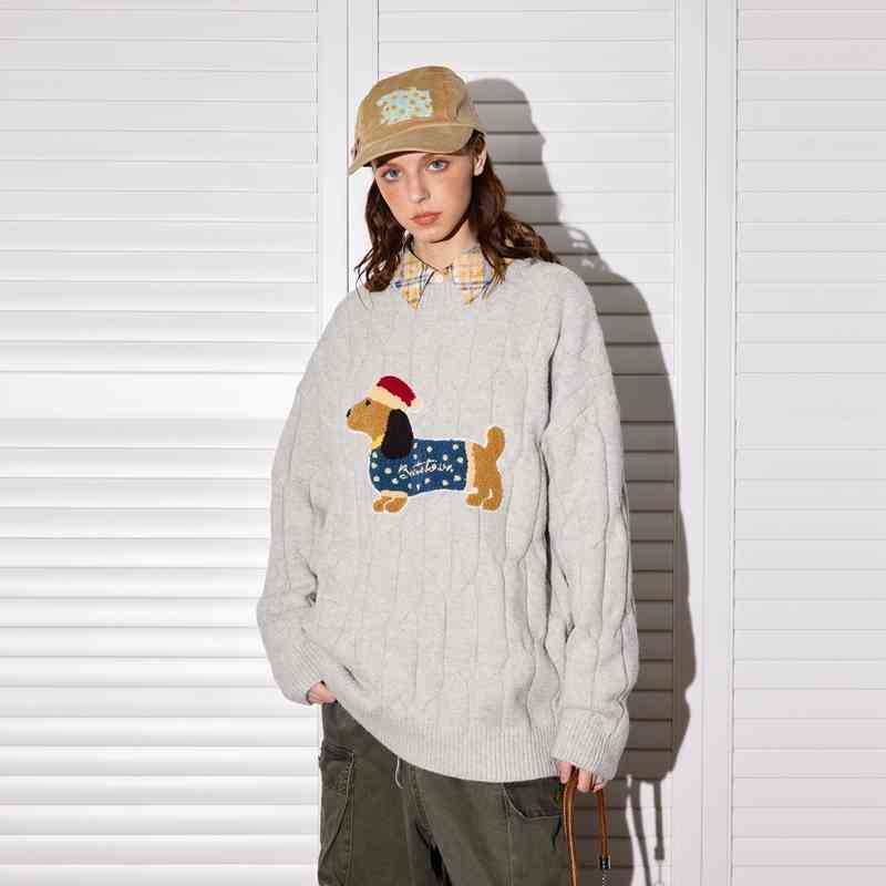 Sausage Puppy Embroidered Round Neck Sweater Women's Loose Sweater