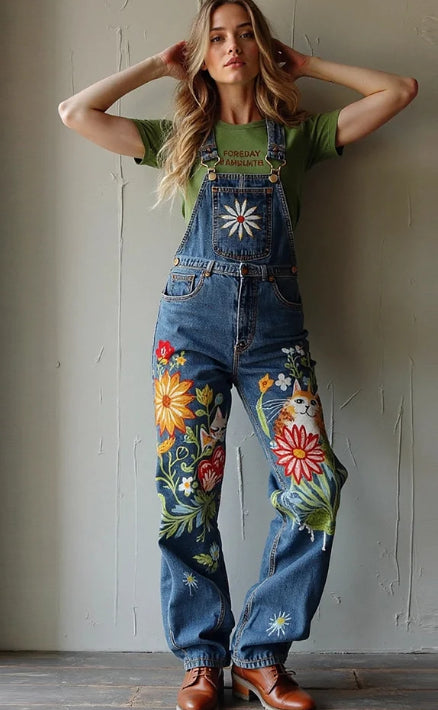 Vintage Kitty And Floral Oil Painting Art Jeans Jumpsuit
