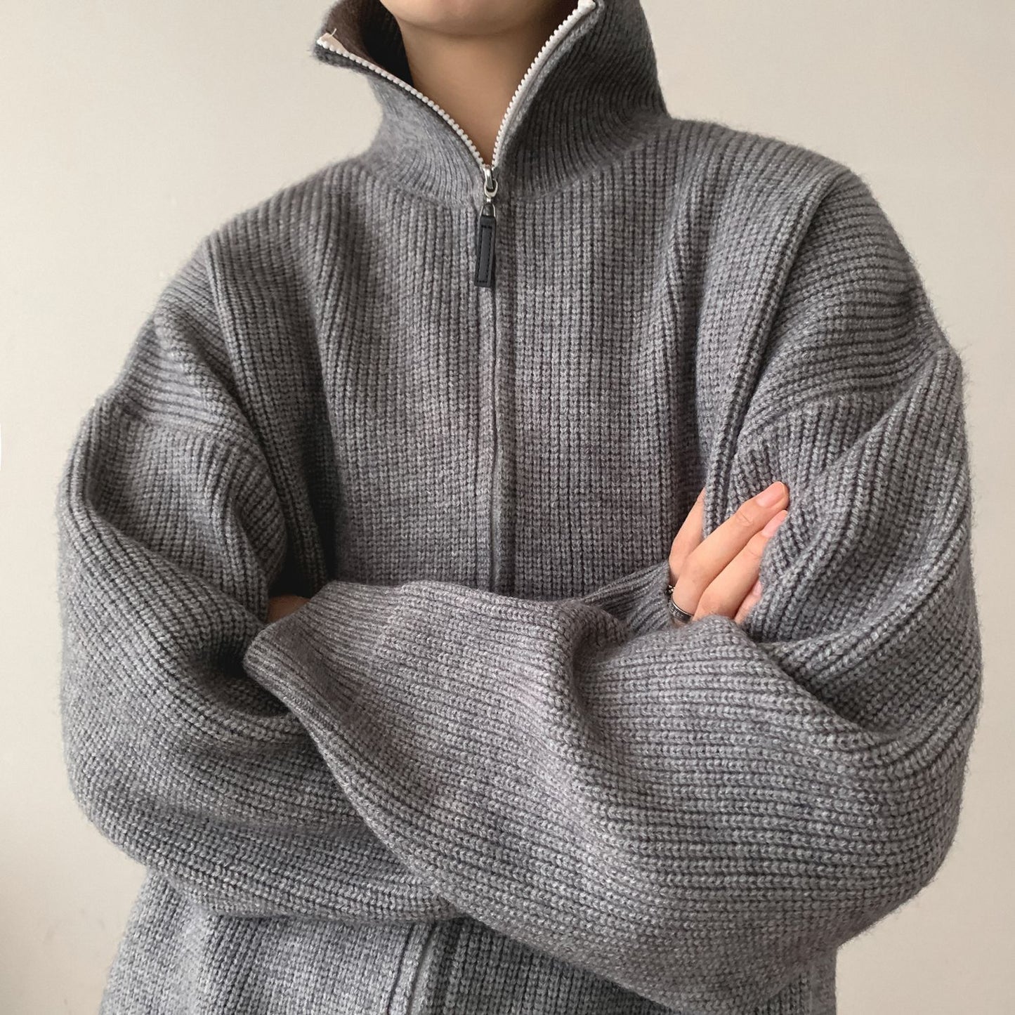 Men's Thick Solid Color Turtleneck Zipper Knitwear Cardigan Sweater