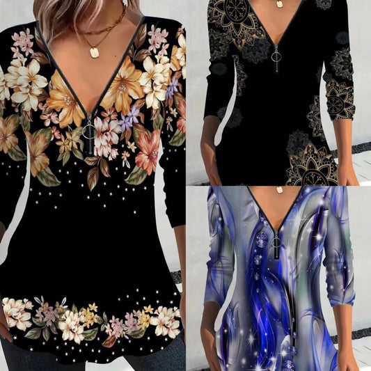 V-neck Zipper Floral Print Long Sleeve Women's Top