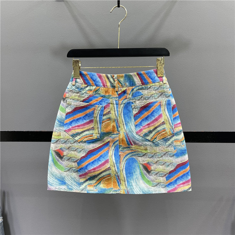 Women's High Waist A-line New Summer Printed Denim Skirt