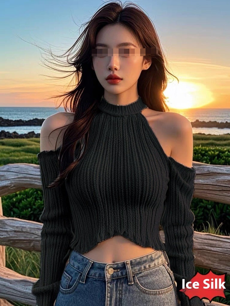 Halter Knitted Scheming Machine Off-the-shoulder Short Sweater