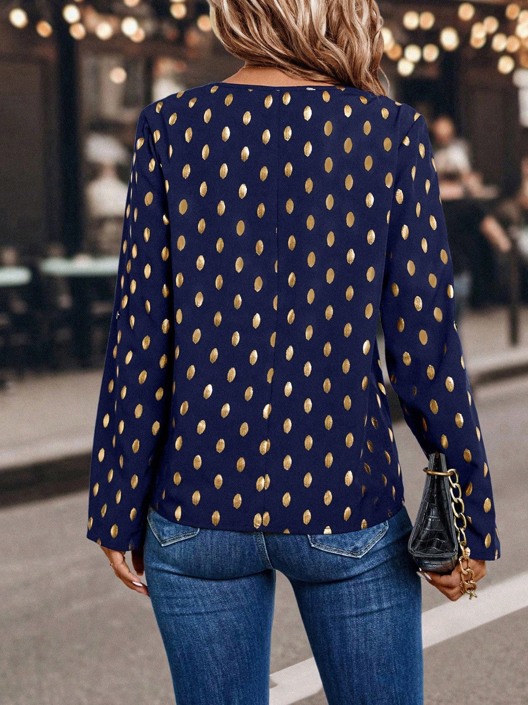 Elegant Long-sleeve V-neck Printed Blouse