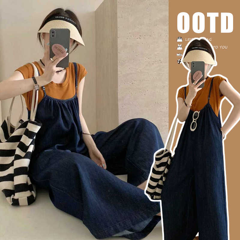 Denimoverall Sæt Løst Stort Størrelse Selestof Jumpsuit Kortærmet Todelt Sæt