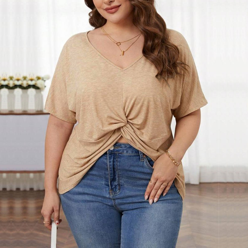 Women's Loose Casual V-neck Short Sleeve Knit Top With Irregular Hem