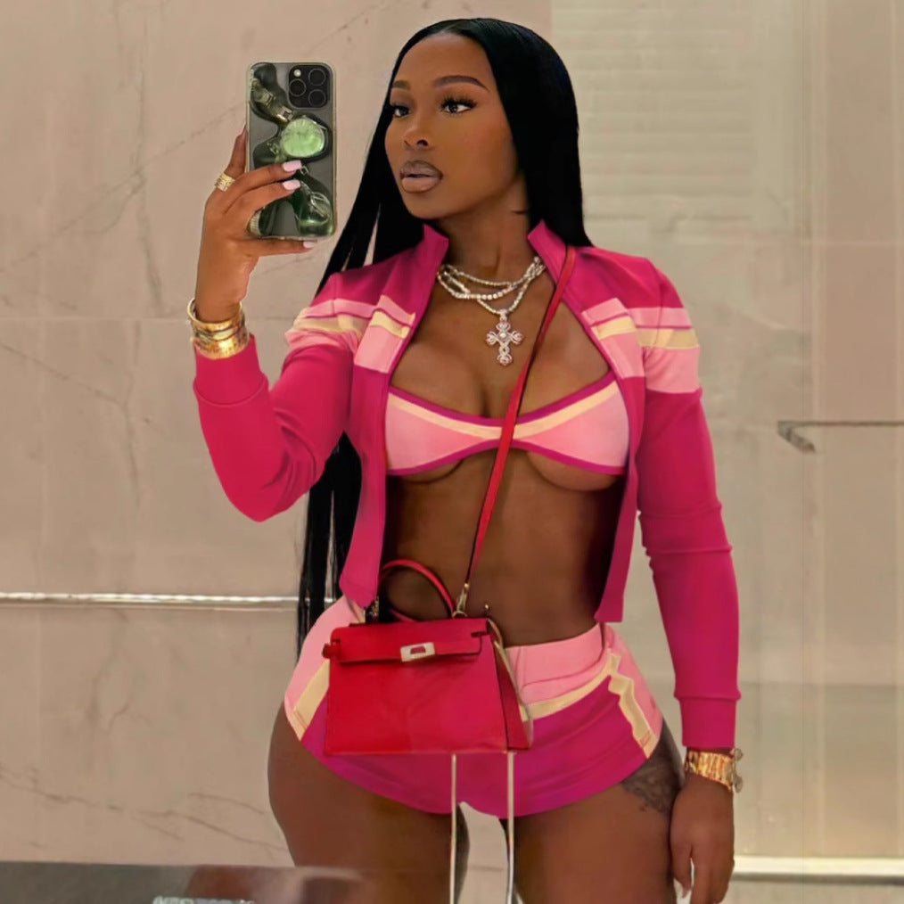 Women's Color Contrast Patchwork Long Sleeve Tied Hot Pants Three-piece Suit