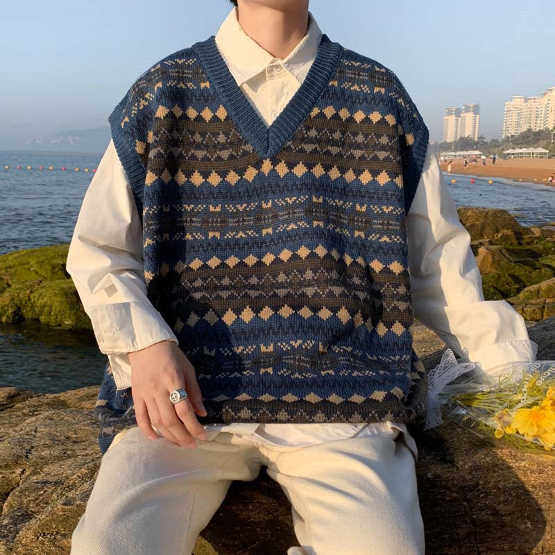 Forår og efterår Japansk Retro Strikket Vest Herre V-hals Sweater