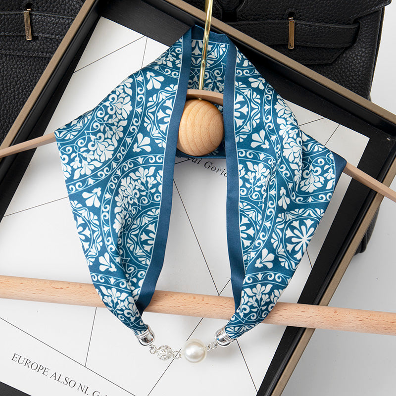 Magnetic Buckle Pearl Lazy Little Silk Scarf Female Neck Protection Decoration