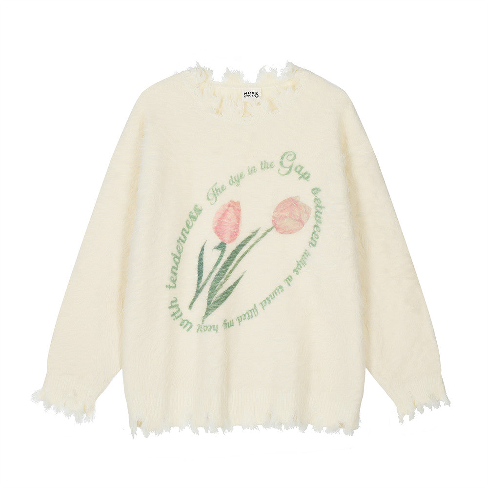 Flower Print Loose Sweater Bottoming Men