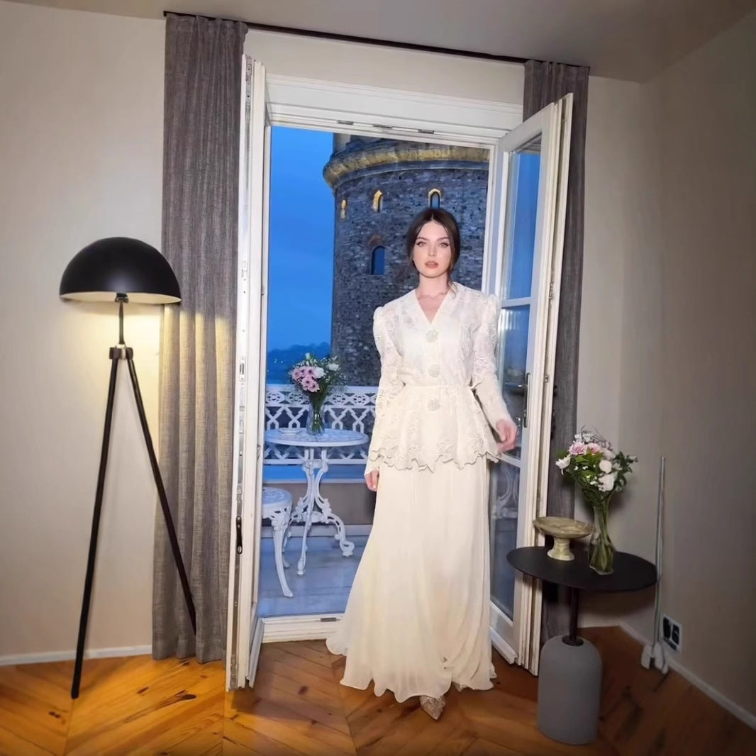 Ny europæisk og amerikansk-inspireret elegant plisseret blondekjole til sofistikerede kvinder