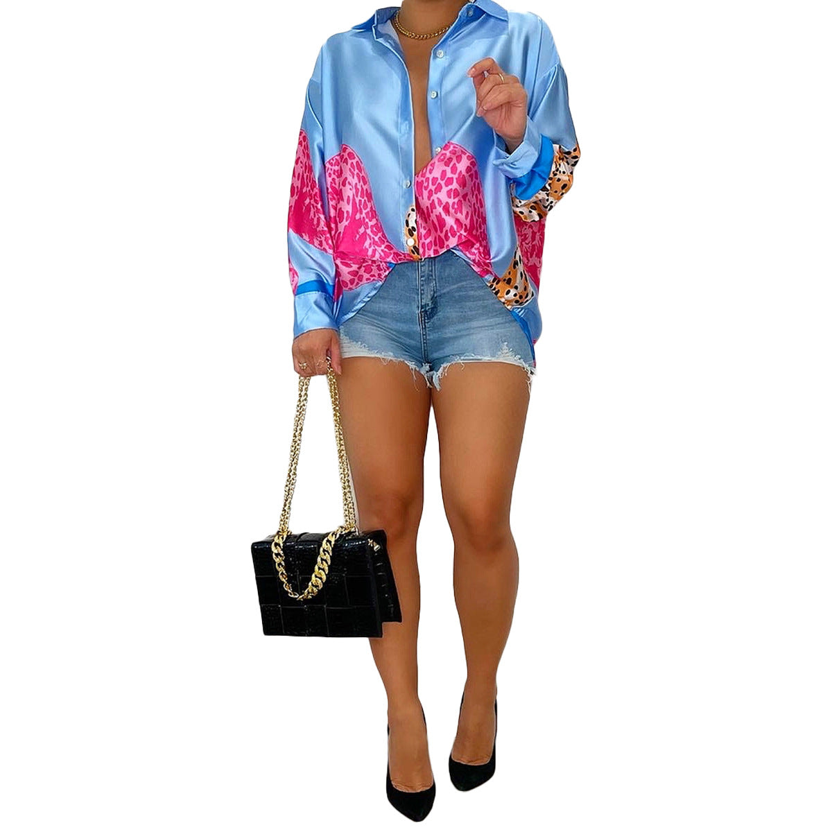 Spring And Summer Leopard Positioning Burning Button Shirt Dress