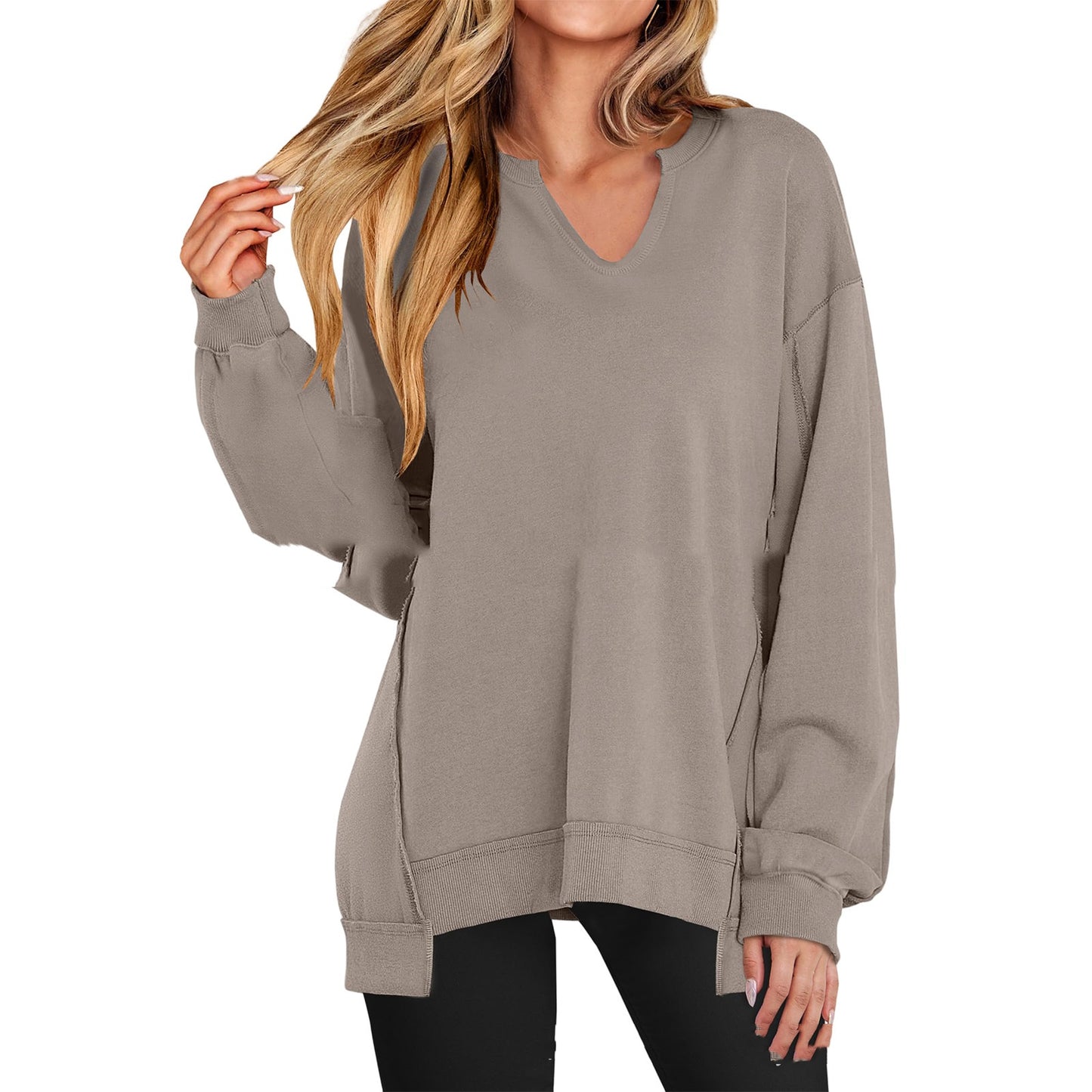 Dame Stribet V-hals Løs Sweatshirt Strik