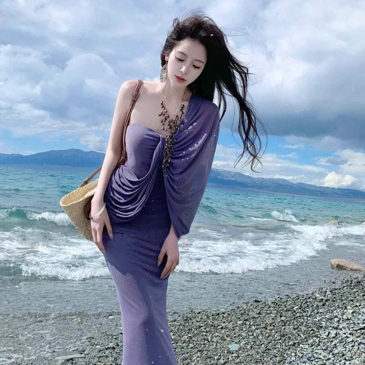Luxury Purple Chiffon Backless Intricately Designed Irregular Dress