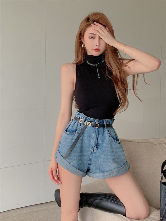 Women's New Fashion High Waist Strappy Jeans Loose And Slim