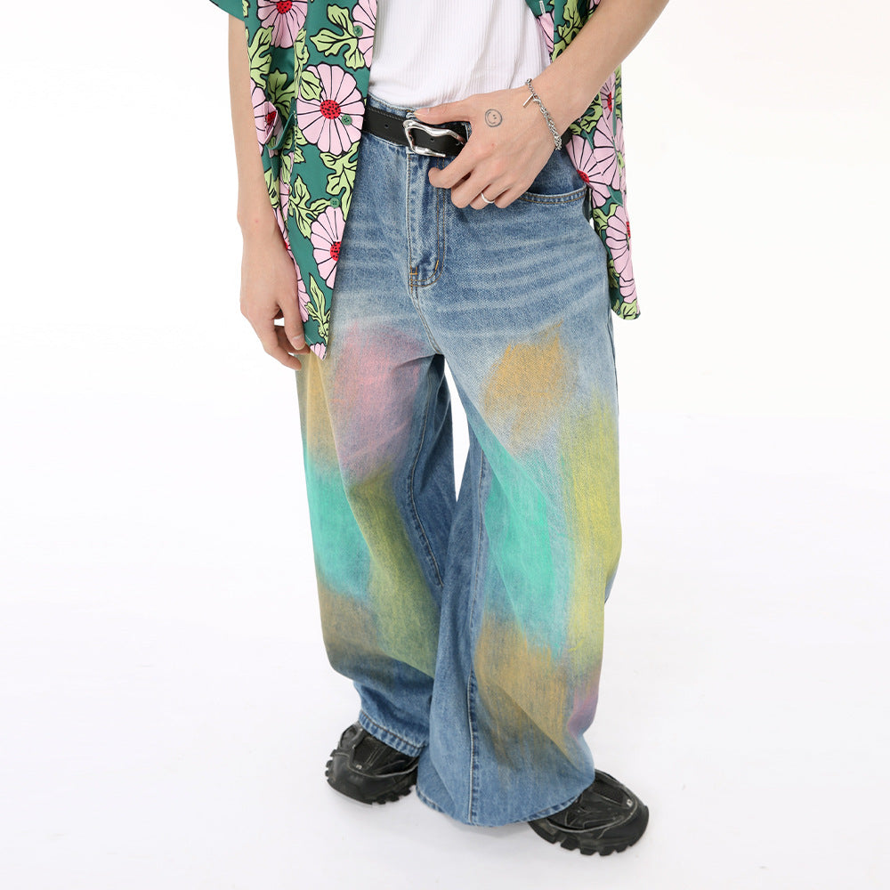 Colorful Graffiti Blooming Wide-leg Jeans