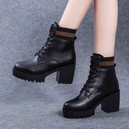 Women's Round Toe Lace Up Chunky High Heel Solid Color All-match Ankle Boots