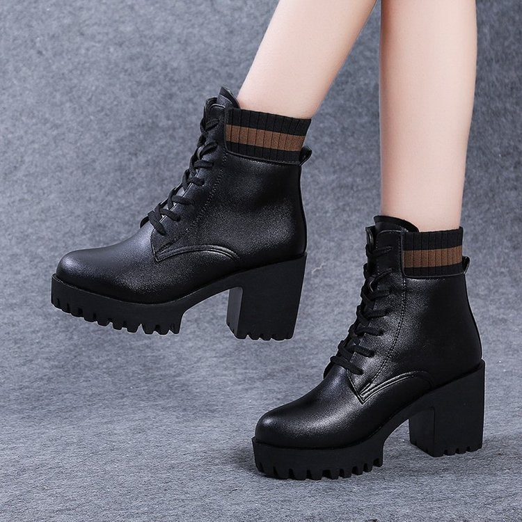 Women's Round Toe Lace Up Chunky High Heel Solid Color All-match Ankle Boots