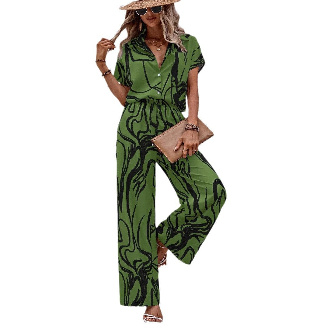 Casual Plant-patterned Short-sleeve Set