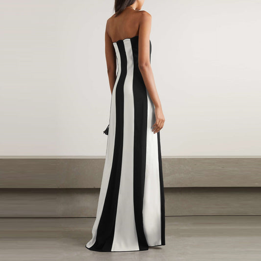 Tube-top Striped Black-and-white Patchwork Dress Womens Wrap-style