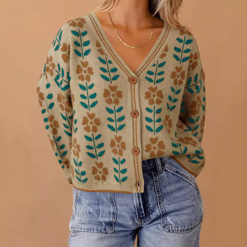 European And American Ladies Single-breasted Long Sleeve Flower Sweater