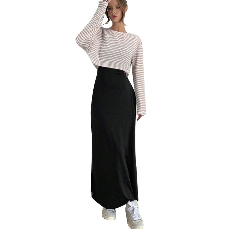 American Style Striped Long Sleeve T-shirt And Suspender Dress Set