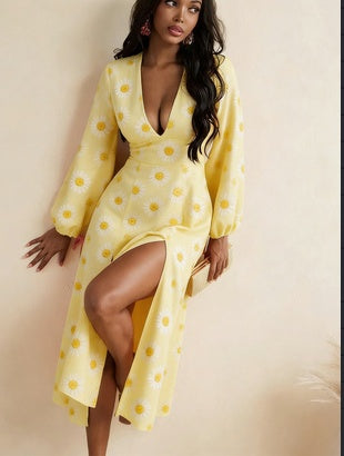 French Retro Style Deep V Puff Sleeve Slit Long Dress For Women