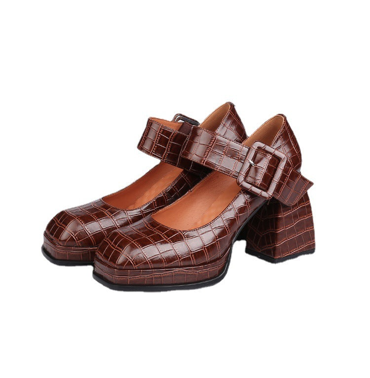 Embossed Cowhide High Heels Women's Thick Heel