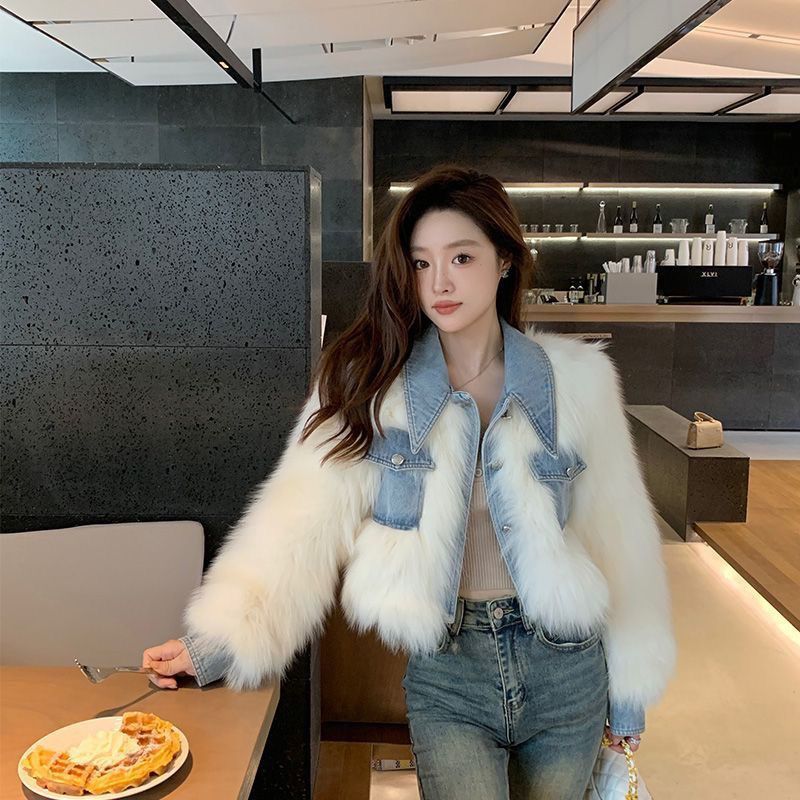 Womens Denim Patchwork Faux Fur Short Coat