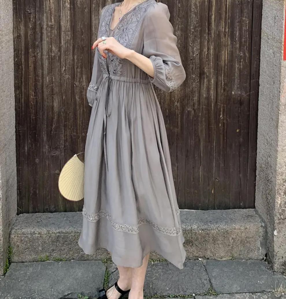 Lantern Sleeve Midskirt Embroidered Dress Summer