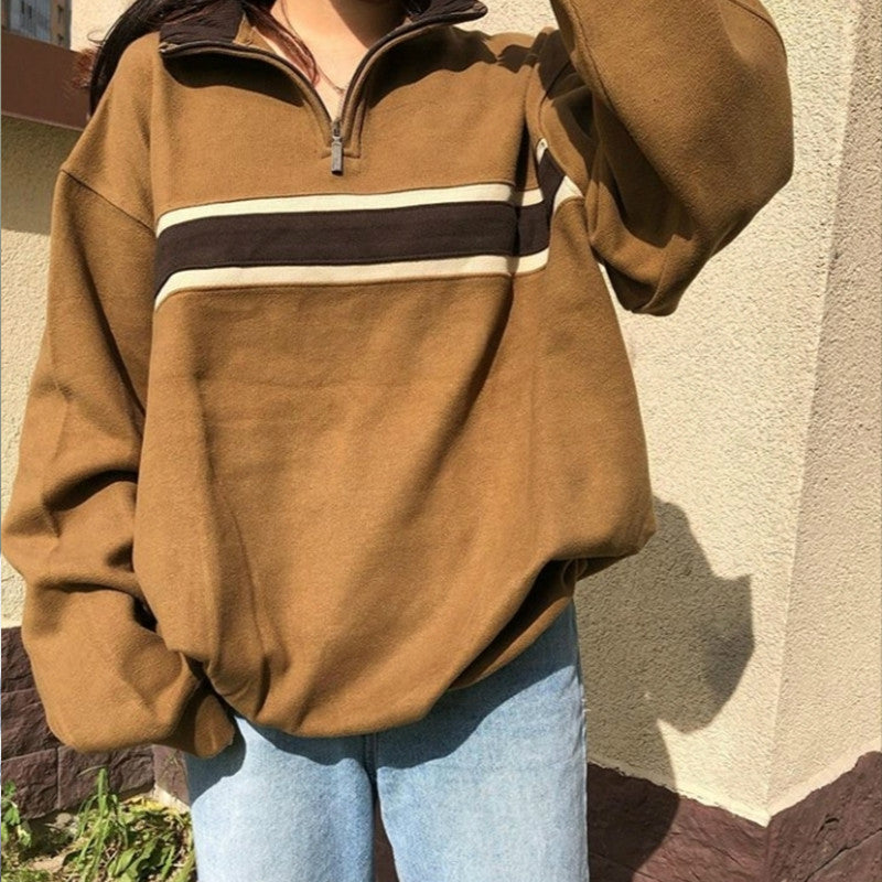 Women's American Retro Brown Patchwork Hoodless Stand Collar Pullover Sweatshirt