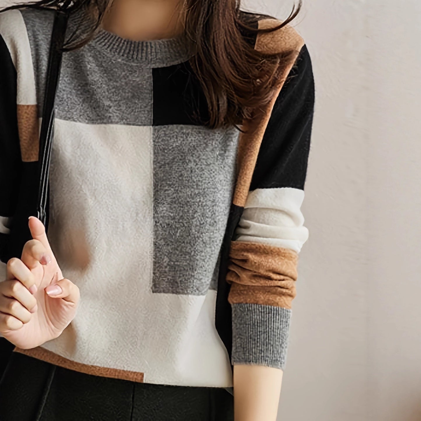 Color Contrast Soft Glutinous Long Sleeve Loose Slimming Women's Knitted Sweater