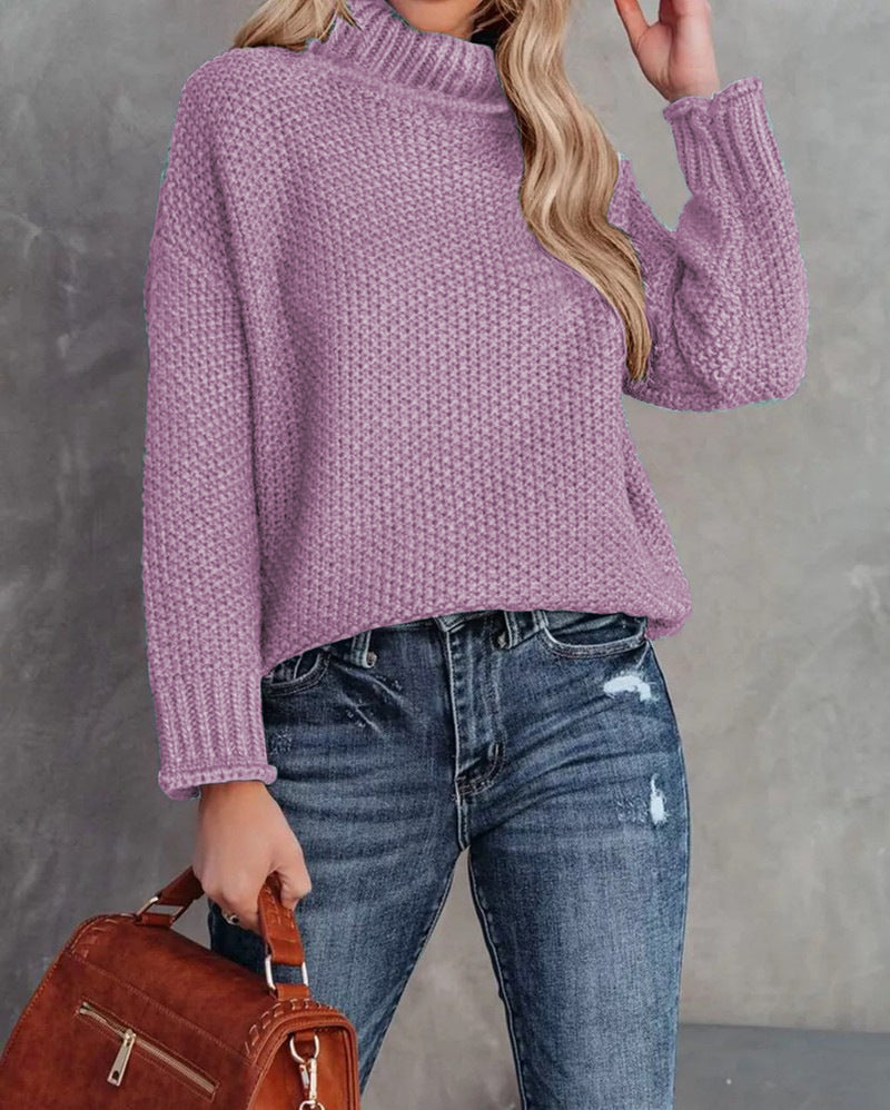 Women's High-neck Long-sleeve Rolled-edge Knit Sweater