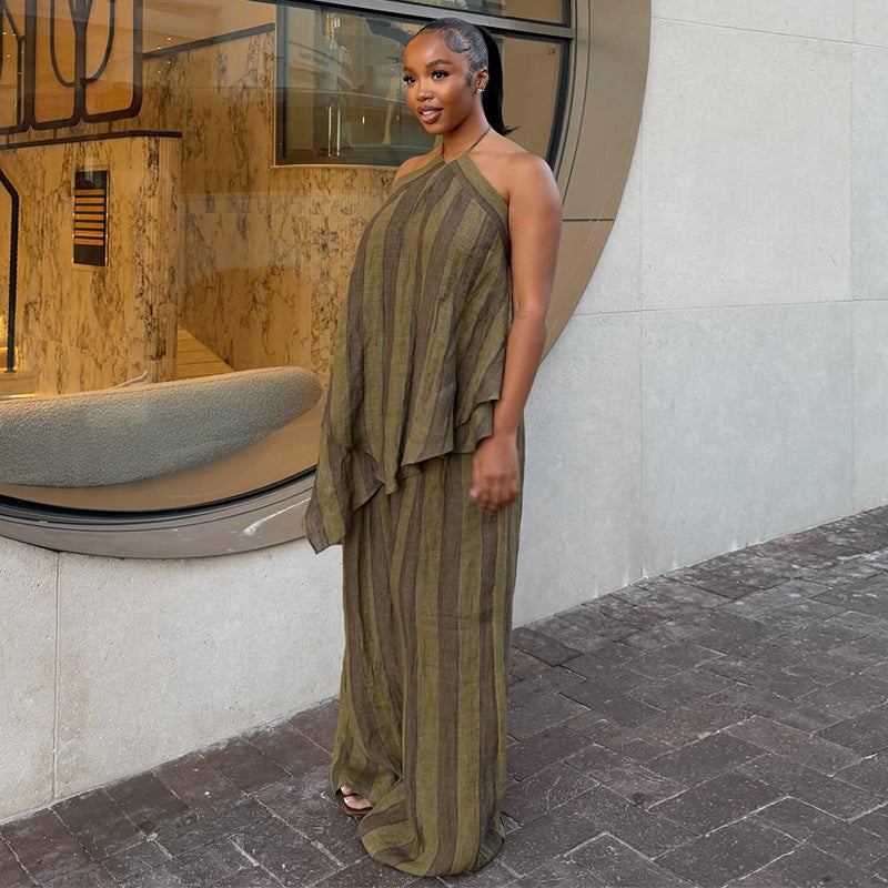 Neck-hanging Sleeveless Asymmetrical Top And Wide-leg Trousers Set