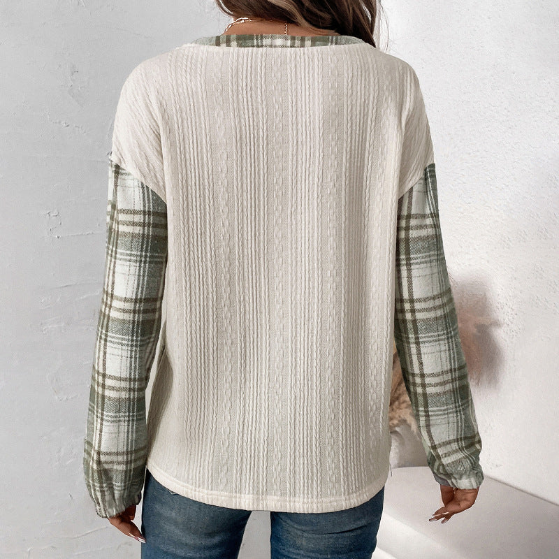 Casual Simple Retro Texture Fabric Plaid Stitching Women's Top