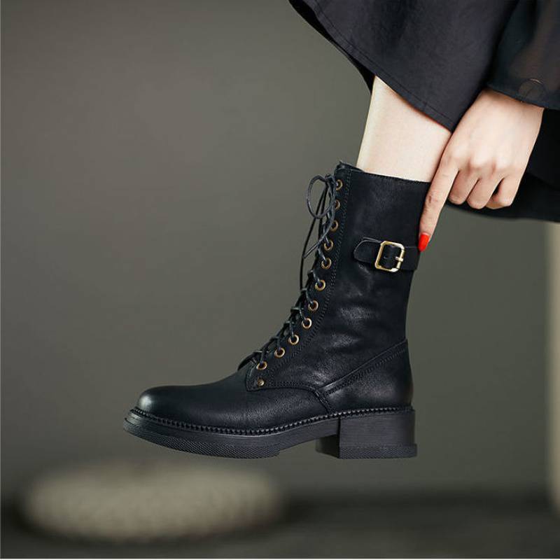 Ins Thick Heel Mid-tube And Velvet Lace Up Womens Boots