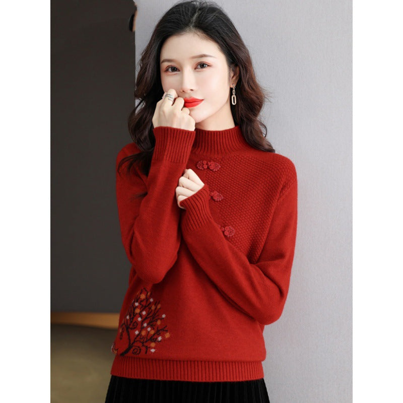Chinese Style Half Turtleneck Bottoming Shirt Middle-aged Mom Sweater Chinese Knot Button Top