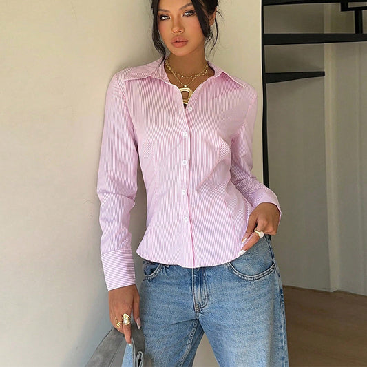 Elegant Striped Waist-tied Long-sleeve Shirt For Women