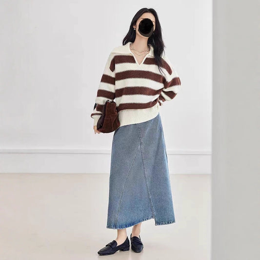 New Contrast Color Women's Loose Casual College Style Outerwear Sweater