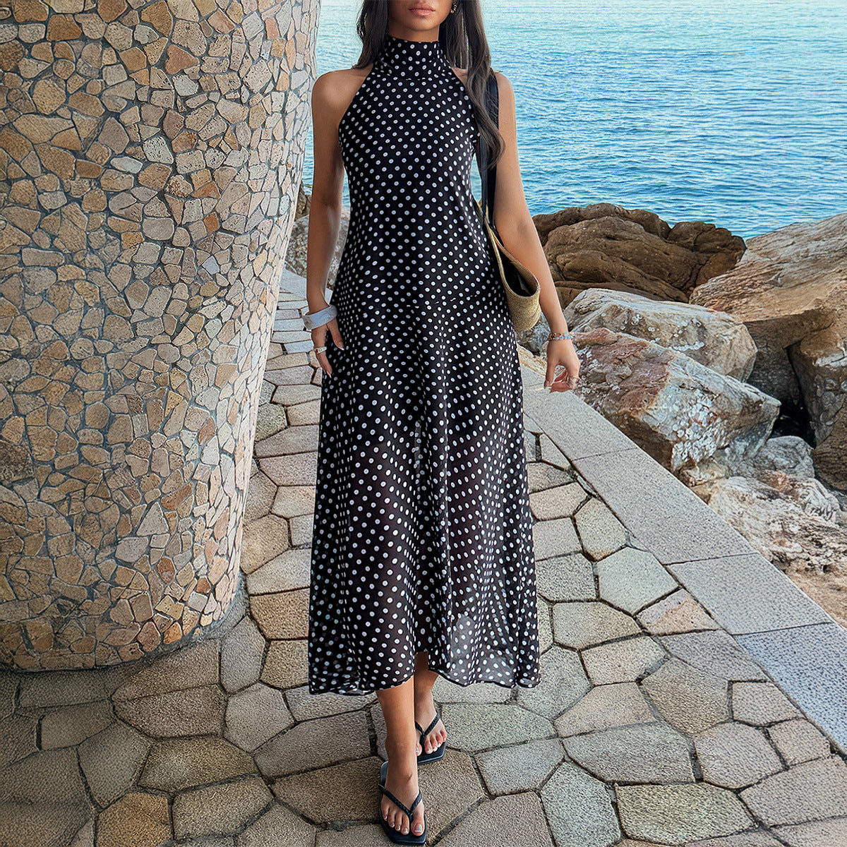 Women's Casual Holiday Polka-Dot Halter Dress