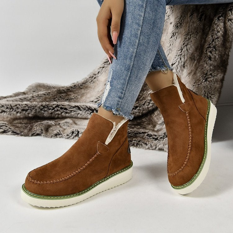 Winter Snow Boots Warm V-cut Flat Ankle Boot Women's Plus Size Solid Color Slip-on Shoes