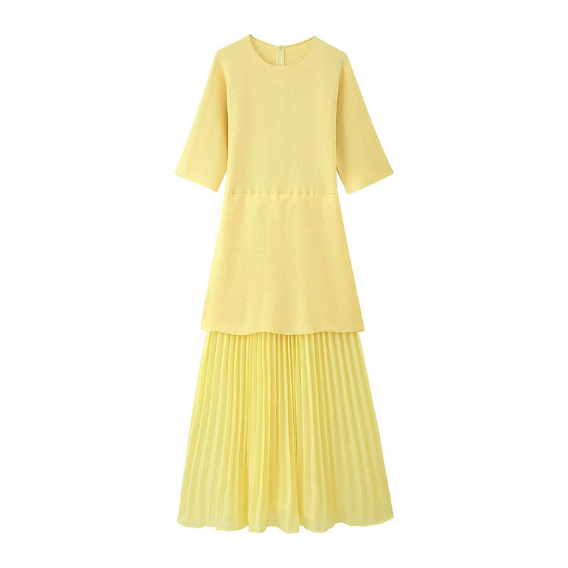 Fashionable Elegant Brown Patchwork Pleated Dress