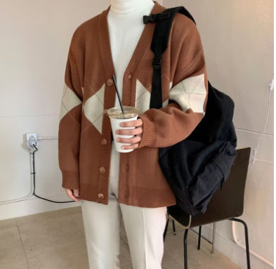 Couple Knitted Coat Diamond Lattice Color Patchwork Cardigan Men's Long-sleeved Sweater
